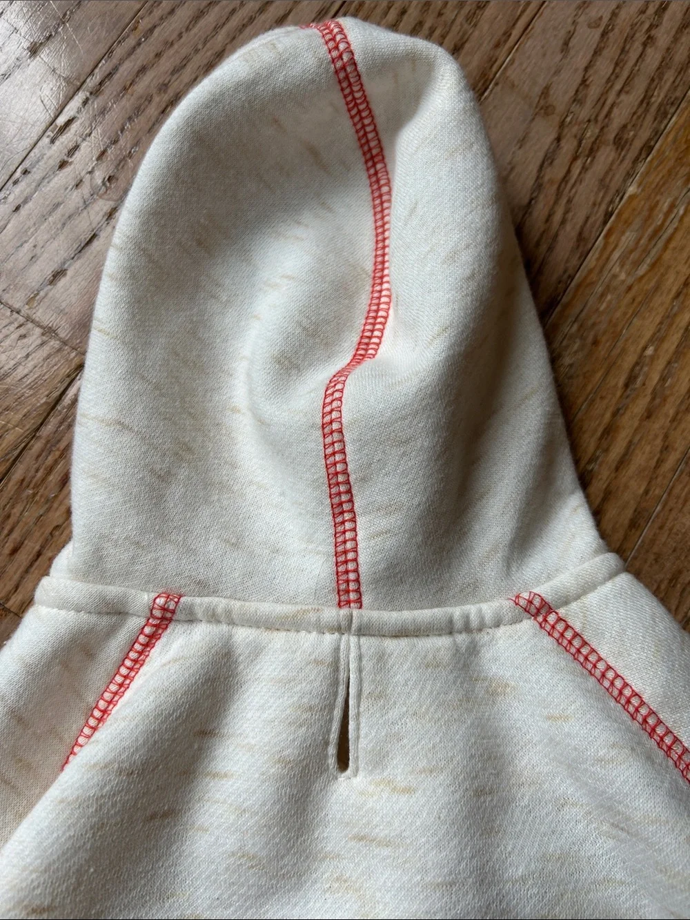 Dog Cream Hoodie with Tan Pocket and Coral Stitching
